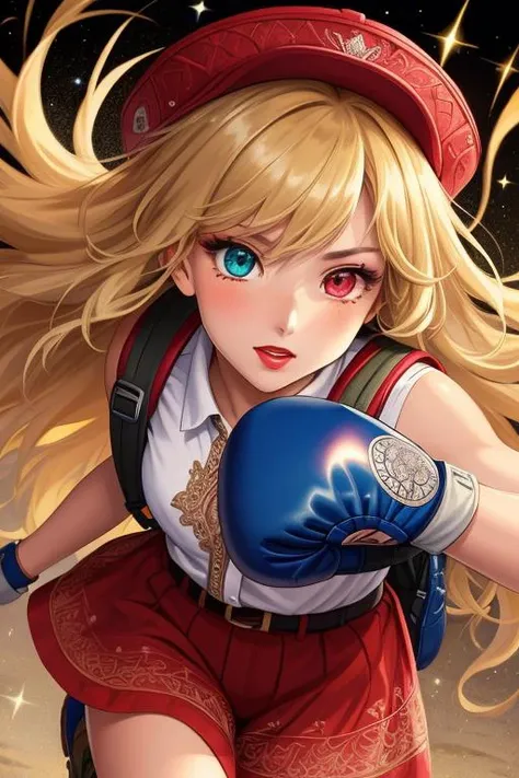 Anime Edition, action shot, upper body, female, very tanned skin, shirt, hiking boots, hat, backpack, heterochromia eyes, multicolored hair, blushing, red lipstick, glitter makeup, dynamic angle, Boxing stance,  ((masterpiece, high quality, highly detailed, intricate detail))