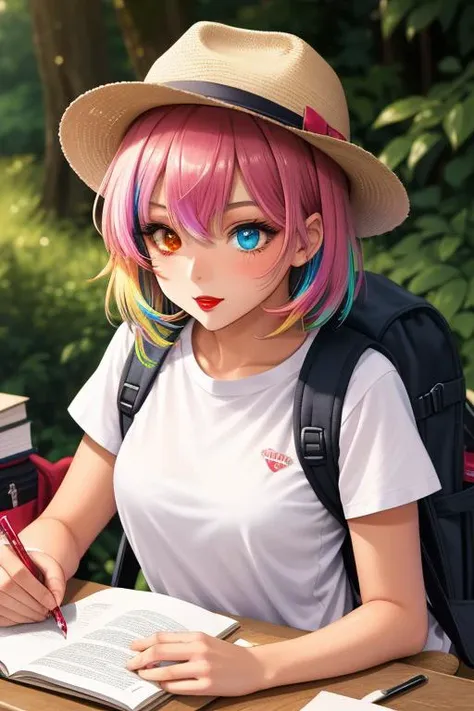 Anime Edition, action shot, upper body, female, very tanned skin, shirt, hiking boots, hat, backpack, heterochromia eyes, multicolored hair, blushing, red lipstick, glitter makeup, dynamic angle, Writing at a desk,