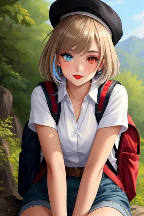 Anime Edition, action shot, upper body, female, very tanned skin, shirt, hiking boots, hat, backpack, heterochromia eyes, multicolored hair, blushing, red lipstick, glitter makeup, dynamic angle, Sitting with one leg crossed over the other,  ((masterpiece, high quality, highly detailed, intricate detail))