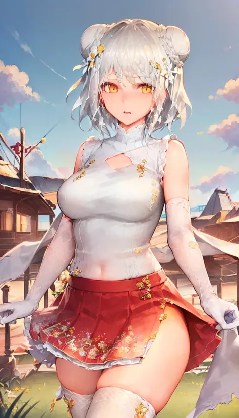 noelle_\(genshin_impact\), hiten kei style, detailed background, masterpiece, hyper realistic, realistic skin, best quality, 1girl, town, village, windmill background, monstadt, world tree, medium breasts, huge nipples, erect nipples, looking at another, topless, full body, vector illustration, nipples, light smile, blunt bangs, short hair, stomach, navel, bare shoulders, white hair, laundry, clothesling, black skirt, white waist apron, wet, soaked, raining, blue sky, rinsing clothes, doing laundry, stretching, open mouth, falling leaves, resting, maid, wet body, windy