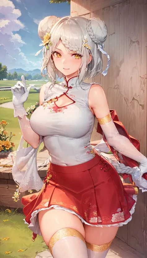 (((highly detailed, extremely detailed CG unity 8k wallpaper, illustration, highres, absurdres, beautiful detailed eyes, finely detailed breasts, highly detail hair)), ((masterpiece))
outdoors,sky,cloud,grass,
((beautiful detailed eyes)),
1girl,solo,chongqing
pov crotch,
cowboy shot,
bangs,closed mouth,medium breasts,braid,yellow eyes, white hair,double bun,breasts,smile,
gloves, thighhighs, hair bun, elbow gloves, white thighhighs,white gloves, hair ornament, shawl,side slit, dress, braided bun, sleeveless,(floral print), pelvic curtain, skirt, red skirt, shoes, red footwear, alternate costume,braided bun, bare shoulders, braided bangs, (clothes fur trim:1.1), hair flower,china dress, china clothes
<lora:chongqing_1.0_quhuafeng:0.5>
