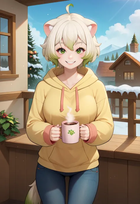 score_9, score_8_up, score_7_up, BREAK 1girl, solo, LaimuVT, green eyes, animal ears, tail, multicolored hair, short hair, breasts, <lora:LaimuPDXL_V1-Manityro-CAME:1.0>, outdoors, balcony, winter,
looking at viewer, smile, hot chocolate, holding mug, 
hood up, hoodie, jeans, long sleeves, sleeves past wrists,