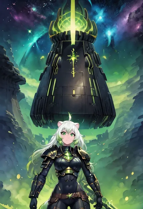 score_9, score_8_up, score_8, medium breasts,  (Necron:1.4), black armor, weapon, armor, LaimuVT, green eyes, animal ears, tail, multicolored hair, long hair, crown, black pants, tight pants, green eyes, solo, looking at viewer, upper body, starry sky, space, <lora:NecronWorldP1:1>, <lora:Vivid:0.8, embedding:zPDXL,