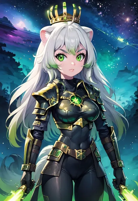 score_9, score_8_up, score_8, medium breasts,  (Necron:1.4), black armor, weapon, armor, LaimuVT, green eyes, animal ears, tail, multicolored hair, long hair, crown, black pants, tight pants, green eyes, solo, looking at viewer, upper body, starry sky, space, <lora:NecronWorldP1:1>, <lora:Vivid:0.8, embedding:zPDXL,