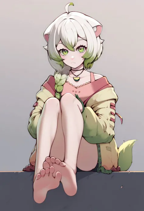 score_9, score_8_up, score_7_up, score_6_up, score_5_up, score_4_up, source_anime, LaimuVT, green eyes, animal ears, tail, multicolored hair, chokerX necklace, medium hair, single braid, gradient jacket, off shoulder, 1girl, solo, looking at viewer, k-rha, barefoot, feet, toes, soles