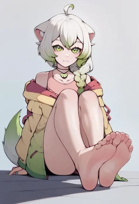 score_9, score_8_up, score_7_up, score_6_up, score_5_up, score_4_up, source_anime, LaimuVT, green eyes, animal ears, tail, multicolored hair, chokerX necklace, medium hair, single braid, gradient jacket, off shoulder, 1girl, solo, looking at viewer, k-rha, barefoot, feet, toes, soles