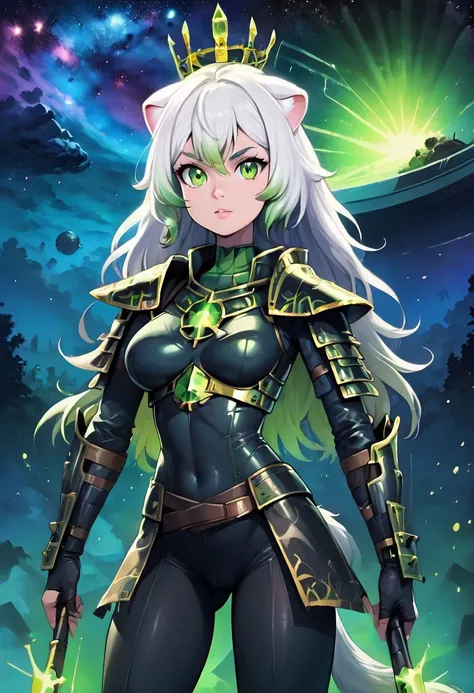 score_9, score_8_up, score_8, medium breasts,  (Necron:1.4), black armor, weapon, armor, LaimuVT, green eyes, animal ears, tail, multicolored hair, long hair, crown, black pants, tight pants, green eyes, solo, looking at viewer, upper body, starry sky, space, <lora:NecronWorldP1:1>, <lora:Vivid:0.8, embedding:zPDXL,