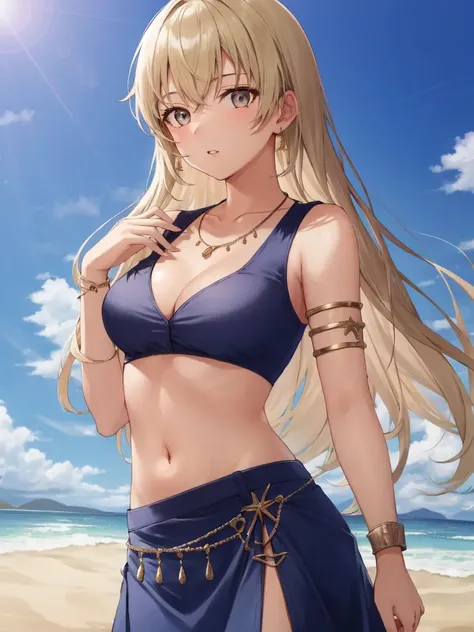 <lora:Igrene_FE-10:0.6>, igrene fe, 1girl, solo, breasts, looking at viewer, bangs, navel, jewelry, outdoors, parted lips, sky, alternate costume, day, midriff, necklace, dark-skinned female, blue skirt, armlet, desert