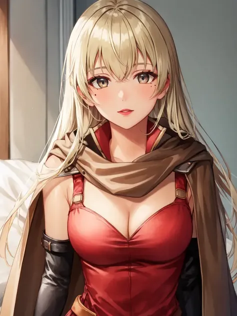 <lora:Igrene_FE-10:0.9>, igrene fe, 1girl, solo, breasts, gloves, dress, cleavage, upper body, black gloves, elbow gloves, fingerless gloves, cape, mole, lips, makeup, red dress, lipstick, brown cape