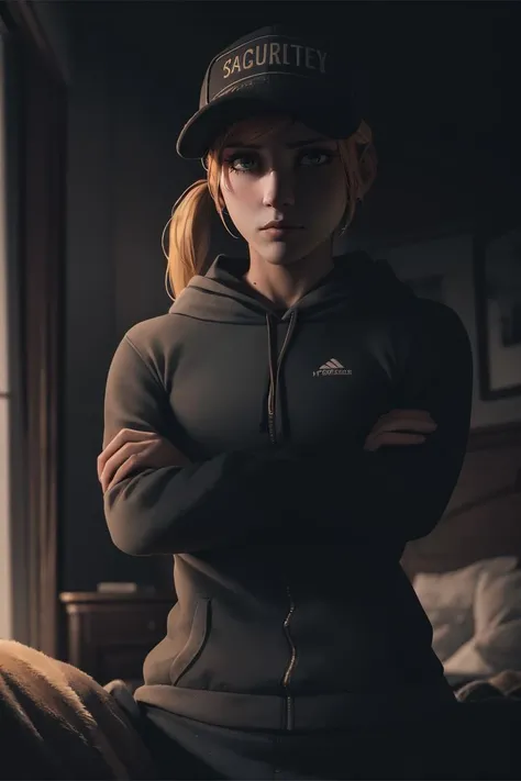 (anime), (illustration), cartoon, detailed, <lora:Vanessa:0.55>, (vanessa, 1girl), uniform, ultra detailed face, security cap, blonde hair, ponytail, hat, (green eyes), (scared:1.2), indoors, bedroom, (sad:1.2), 
a girl sitting on a bed, brown hooded cloak, wearing a hoody, shady look, hacking, (arms crossed:1.2), <lora:LowRA:0.51>, 
(foggy background, epic realistic, rutkowski, hdr, intricate details, hyperdetailed, cinematic, rim light, muted colors:1),