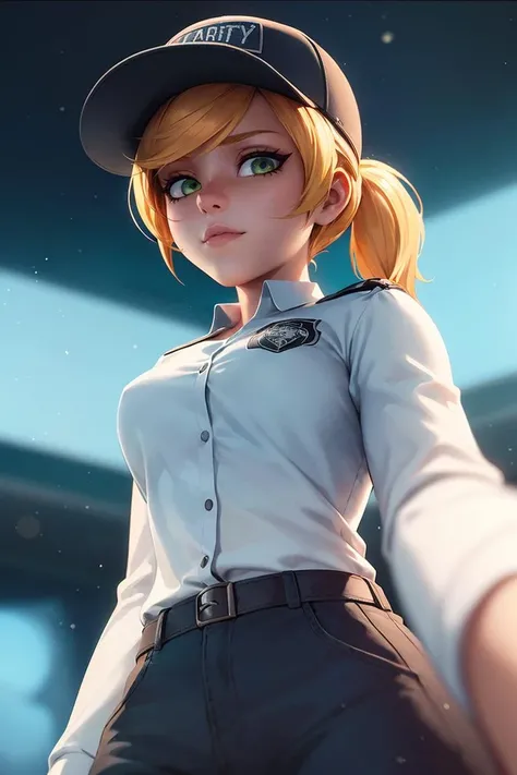 (anime), (illustration), cartoon, detailed, cinematic film still <lora:Vanessa:0.5>, (vanessa, 1girl), uniform, ultra detailed face, security cap, blonde hair, ponytail, hat, (green eyes), 
(from below:1.2), (five nights at freddy's: security breach:1.2), . shallow depth of field, vignette, highly detailed, high budget Hollywood movie, bokeh, cinemascope, moody, epic, gorgeous, film grain, grainy