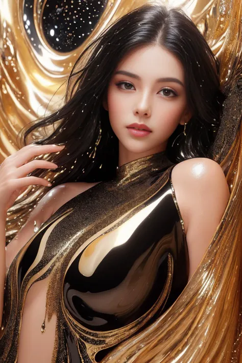 (masterpiece, best quality, official art, beautiful and aesthetic), upper body, 1girl lays in black and gold fluid, half naked, looks at viewer, black and gold thick liquid, floating blond long (wet hair), asphalt drops, precise facial structure, Gradient white fluid, organic feel,viscous, shiny gel, bubbles, (sparkle:1.4), <lora:blackgold-000008:0.6>,