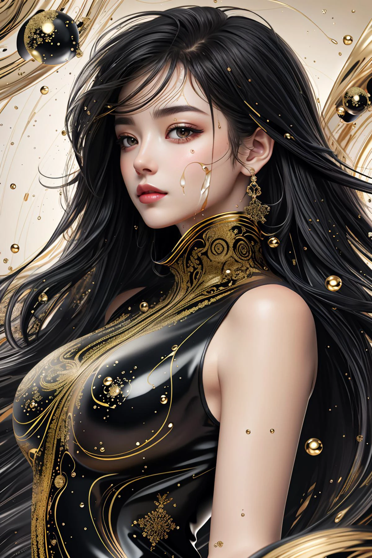 (masterpiece, best quality, official art, beautiful and aesthetic),1 girl stands in black and gold fluid,half naked,looks at viewer,black and gold thick liquid,floating blond long (wet hair),asphalt drops,precise facial structure,Gradient white fluid,organic feel,viscous,shiny gel,bubbles,cowboy shot, (zentangle:1.2),(fractal art:1.3),shiny oild skin, wet,
<lora:blackgold:0.9>