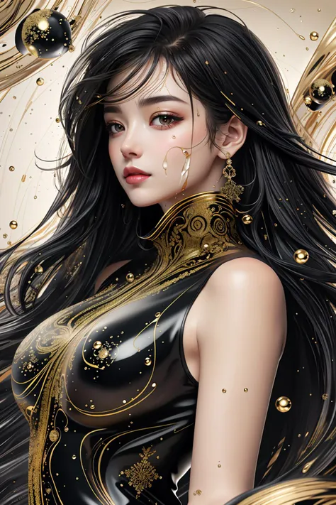 (masterpiece, best quality, official art, beautiful and aesthetic),1 girl stands in black and gold fluid,half naked,looks at viewer,black and gold thick liquid,floating blond long (wet hair),asphalt drops,precise facial structure,Gradient white fluid,organic feel,viscous,shiny gel,bubbles,cowboy shot,  (zentangle:1.2),(fractal art:1.3),shiny oild skin, wet,
 <lora:blackgold:0.9>