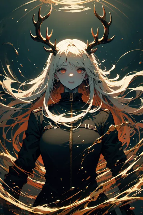 (full body,demon, evil,horror deer theme,hellsing,cult:1.3), masterpiece, best quality, ultra-detailed, absurdres, particles, backlighting,depth of field, night, blurry background, grin,
upper body,1 taller demon girl lays in black and gold fluid,demon horn,(golden glowing eyes:1.2),looks at viewer,black and gold thick liquid,floating blond long (wet hair),asphalt drops,precise facial structure,gradient white fluid,organic feel,viscous,shiny gel,bubbles, <lora:blackgold-000008:0.6> <lora:blooming_antlers:0.8> blooming antlers