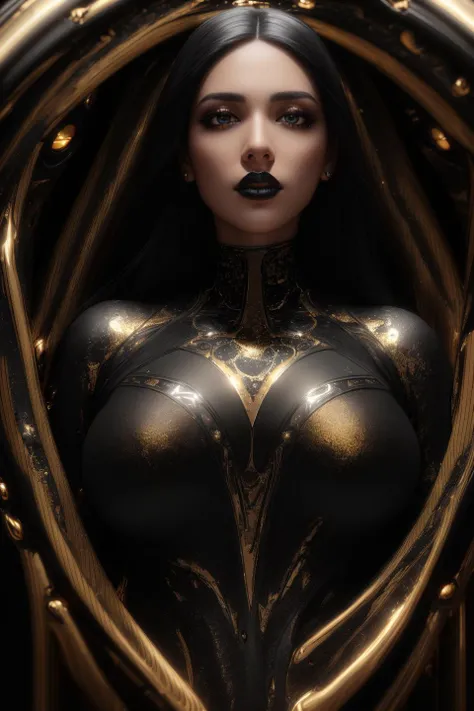 (ultra realistic, 32k, RAW Photo:1.1), 8k uhd, dslr, high quality, otherworldly atmosphere, black hole background, 1girl, Young female,  (long black hair:1.2), symmetrical face, [(detailed face:1.2):0.2], (detailed eyes:1.3), puffy lips (black lipstick), dark blue eyes, (makeup, mascara:1.1), <lora:blackgold:0.6>, Black and gold dress, viscous, facial closeup, finely detailed, (RTX Lighting:1.3),