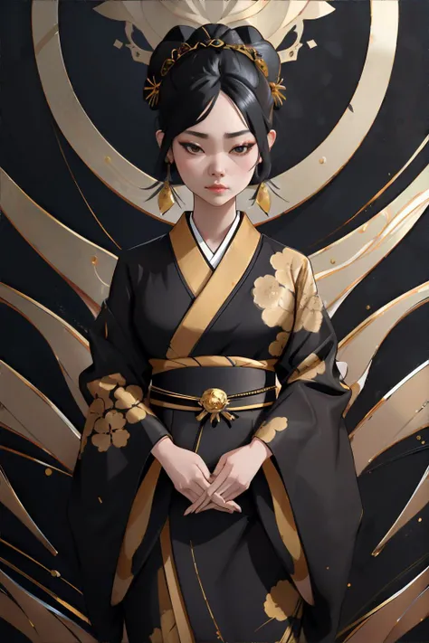 <lora:blackgold:0.5>, woman wearing black and gold kimono, looking down || <lora:blackgold:0.2>, woman, kimono, black and gold, masterpiece, 8k, high resolution, shallow depth of field, sharp focus