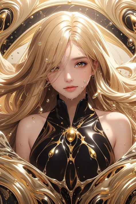 (masterpiece, best quality, official art, beautiful and aesthetic),upper body,1 girl lays in black and gold fluid,half naked,looks at viewer,black and gold thick liquid,floating blond long (wet hair),asphalt drops,precise facial structure,Gradient white fluid,organic feel,viscous,shiny gel,bubbles,<lora:blackgold:0.6>,<lora:sparkle:0.3>,