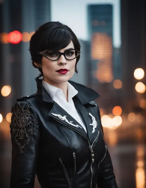 cinematic photo (((ohwx woman))) as Bayonetta from the Bayonetta series, dressed in her black, leather ensemble and iconic glasses. She prepares to summon one of her Infernal Demons, her lips pursed in a confident smirk, a moonlit cityscape sprawling behind her. Detailed portrayal, intricate patterns on her outfit, all immersed in contrasting shades of black and white. <lora:atwell_lora_sdxl_v1-000009:0.95> . 35mm photograph, film, bokeh, professional, 4k, highly detailed