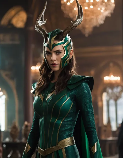 cinematic photo (full height:1.3), a beautiful (((ohwx woman))) As Hela from Thor: Ragnarok, in her intimidating black and green outfit with the iconic antler-like headpiece, standing dominantly in a dilapidated Asgardian hall, her menacing aura palpable, a sea of resurrected warriors behind her ready to do her bidding., inspired by Krenz Cushart, neoism, kawacy, wlop, gits anime,A high, sleek ponytail that falls gracefully down her back, adding a touch of elegance to her fierce demeanor., <lora:atwell_lora_sdxl_v1-000009:0.95> . 35mm photograph, film, bokeh, professional, 4k, highly detailed