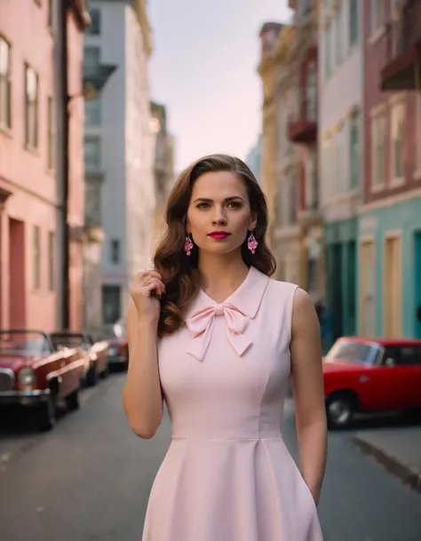 cinematic photo Architecture Photography, (((ohwx woman))) ,As Helga Pataki from Hey Arn!, wearing her pink dress, white shirt, and pink bow, secretly watching Arn from afar with her locket, capturing her unrequited love, city street background, vibrant colors, detailed environment, true to the distinct art style of the show, high-resolution, nostalgic scene., <lora:atwell_lora_sdxl_v1-000009:0.95> . 35mm photograph, film, bokeh, professional, 4k, highly detailed