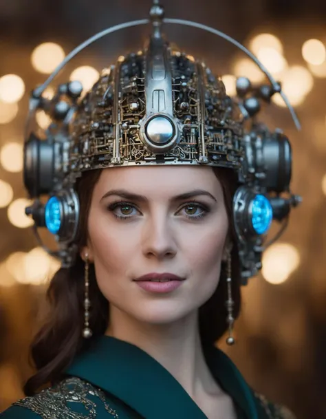 cinematic photo portrait of (((ohwx woman))) wearing an ornate cybernetic helmet, by jan van eyck and johannes vermeer. glowing lights intricate artwork masterpiece trending on artstation 8 k 150 mpx hdr cgsociety contest winner award winning photography beautiful lighting detailed realistic well proportioned headshot portrait unreal engine 5 extremely high quality wallpaper 4k octane render neon colors sharp focus illustration surrealism close up shot super wide angle shallow depth of field <lora:atwell_lora_sdxl_v1-000009:0.95> . 35mm photograph, film, bokeh, professional, 4k, highly detailed