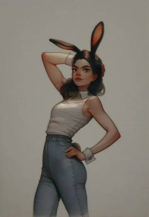 source_cartoon, rating_safe, traditional art, pencil drawing, crayon drawing, pencil \(artwork\), hatching \(art\), bunny girl, fully body, standing, looking at viewer, pose, score_9, score_8_up, score_7_up, score_6_up, score_5_up, score_4_up
