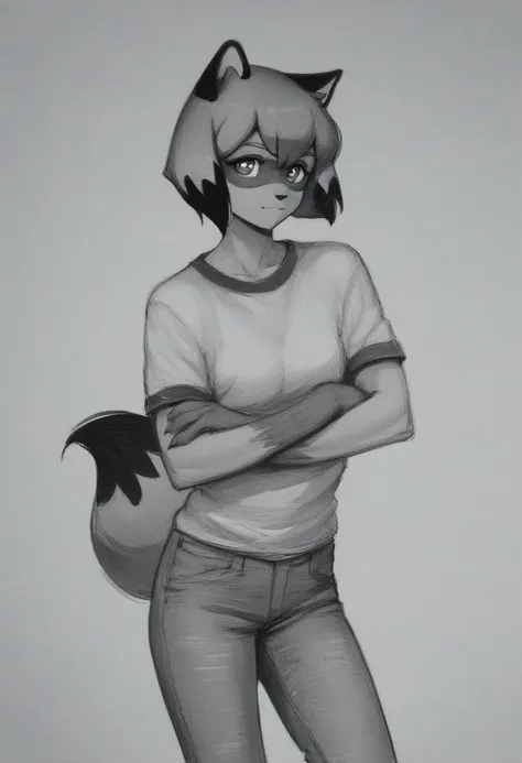 source_cartoon, rating_safe, traditional art, pencil drawing, sketch, grayscale, monochrome,, Michiru Kagemori from brand new animal, fully body, standing, looking at viewer, pose, score_9, score_8_up, score_7_up, score_6_up, score_5_up, score_4_up