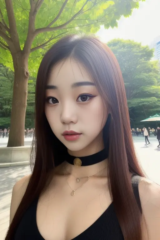 photo of yoonyoungchae, dynamic posture, slender physique, pouty, teasing smirk, (extremely detailed:1.3), (textured skin:1.3), (slutty makeup:1.3), small, petite, lipstick, (detailed eyes), highres, realistic lighting, freckles, choker, (sexy clothes:1.2), (background in public park:1.2), (sunny:1.3) <lora:YoonYoungChae:0.9>