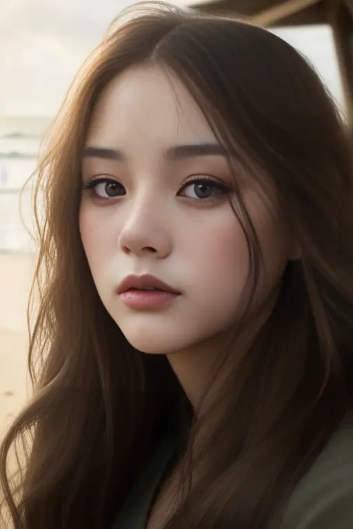 (sharp focus:1.2), photo, yoonyoungchae (beautiful face:1.1), detailed eyes, luscious lips, (cat eye makeup:0.85), (long flowing brown hair), wearing (romper:1.2) on a (beach:1.2). (moody lighting:1.2), depth of field, bokeh, 4K, HDR. by (James C. Christensen:1.2|Jeremy Lipking:1.1). <lora:YoonYoungChae:0.9>