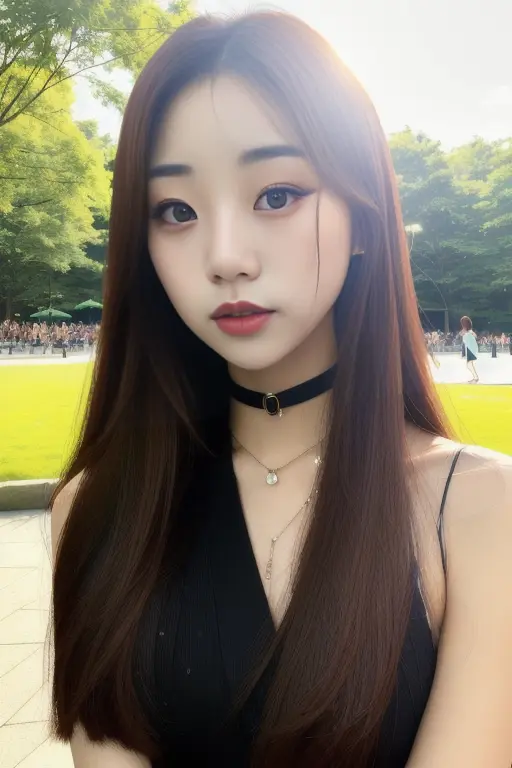photo of yoonyoungchae, dynamic posture, slender physique, pouty, teasing smirk, (extremely detailed:1.3), (textured skin:1.3), (slutty makeup:1.3), small, petite, lipstick, (detailed eyes), highres, realistic lighting, freckles, choker, (sexy clothes:1.2), (background in public park:1.2), (sunny:1.3) <lora:YoonYoungChae:0.9>