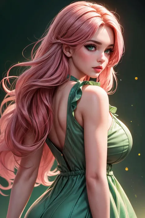 Ultra high resolution, master works, perfect face, delicate facial features, feminine, single, long hair, pink green pick and dye hair, deep V sheer suit, cleavage, blushing face