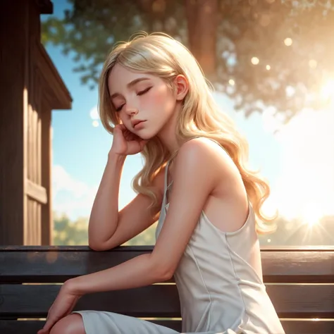 masterpiece, best quality, intricate detail, 1girl, depth of field, (janice:0.85), blonde hair, wavy long hair, one piece white dress, sitting, on bench, (sunlight:1.4), from side, head tilt, hand on own cheek, closed eyes, <lora:more_details:1.5>