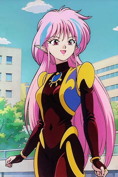"(masterpiece:1.1), best quality,
1girl, (80s anime style:1.4), (eyelashes:1.5),
(intricate high detailed body:1.2),
pink hair,
(forehead, parted bangs, hairclip:1.1), (long hair, straight hair:1.1), (headband:1.2),
purple eyes,
(dark skin:1.3), (child body:1.2), (gigantic breasts:1.1),
expressionless, open mouth,
(see-through lace leotard armor:1.2),
(mini skirt:1.1), (hoop earrings:1.1), gauntlets,
standing, hand on hip,
(cowboy shot:1.1),
(simple white background:1.2)"