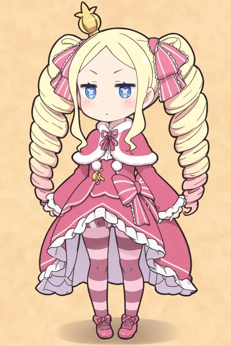 <lora:Betty(test)V1:0.7>
Betty,
1girl,solo,long hair,blush,blue eyes,blonde hair,long sleeves,dress,ribbon,twintails,full body,hair ribbon,pantyhose,sidelocks,frills,striped,chibi,symbol-shaped pupils,fur trim,capelet,drill hair,frilled dress,crown,yellow background,twin drills,mini crown,fur-trimmed capelet,striped pantyhose