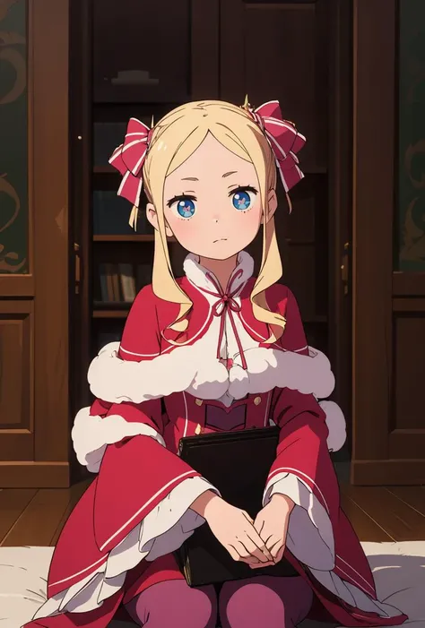 blonde hair,blue eyes, long hair, blush, red capelet, christmas, santa dress, capelet, dress, fur-trimmed capelet, santa costume, santa hat, red dress, red headwear, bangs, breasts, fur-trimmed dress, hat, fur trim, upper body, masterpiece, best quality,
