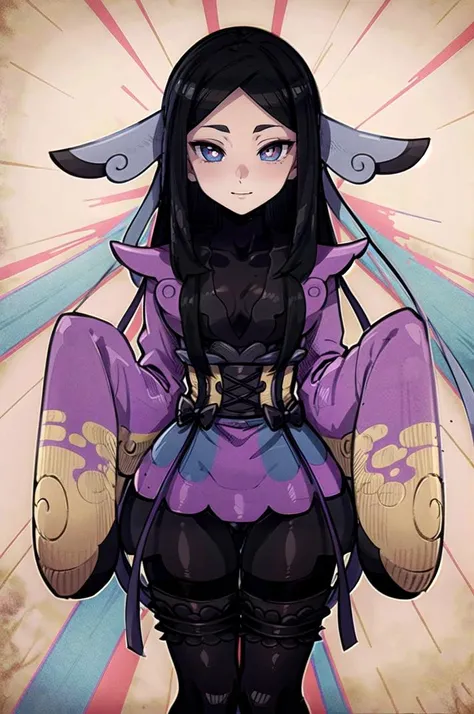 1girl, standing, cowboy shot, valerie_mache, sidelocks, pantyhose, sleeves past wrists, light smile,( black pupils:1.2)( alien eyes:1.2), <lora:valerie_mache:1> , flat color, solo, masterpiece, best quality, 8k, detailed face, cowboy shot, standing, detailed eyes, villain, high definition,official art, <lora:Alchemy:1>