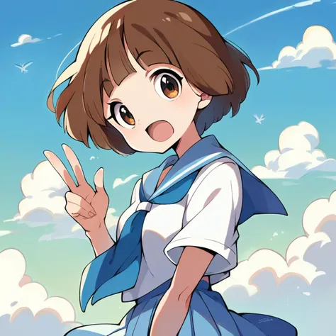 score_9, score_8_up, score_7_up, source_anime, masterpiece,  1girl, mako, petite, skinny, blue sailor collar, serafuku, blue neckerchief, pleated skirt,  cowboy shot, looking at viewer, clouds, sky, blue sky, day, portrait <lora:MakoPONYXL:0.8>, v, open mouth, from side