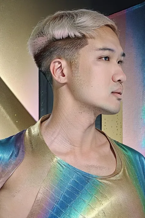 ((( 1 boy :1.5))),(8k, RAW photo, best quality, masterpiece:1.2), (mature male:1.2), ((light pink short hair color :1.4)), ((medium close up shot of handsome Aritouch as model posing wearing iridescent multicolored and gold linevichit pattern on silk tuxedo, in a photography studio. fabric multi colors painted with a traditional Kanok Thai pattern:1.3)) ,The background should be a solid light neutral color, shot in very bright studio lighting. Clear and crisp <lora:Aritouch:0.85>
