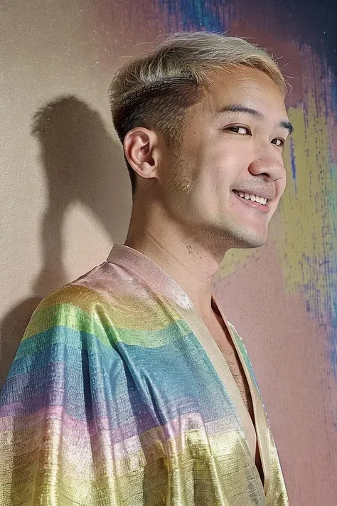 ((( 1 boy, smile, look at camera :1.5))),(8k, RAW photo, best quality, masterpiece:1.2), (mature male:1.2), ((light pink short hair color :1.4)), ((medium close up shot of handsome Aritouch as model posing wearing iridescent multicolored and gold linevichit pattern on silk tuxedo, in a photography studio. fabric multi colors painted with a traditional Kanok Thai pattern:1.3)) ,The background should be a solid light neutral color, shot in very bright studio lighting. Clear and crisp <lora:Aritouch:0.85>