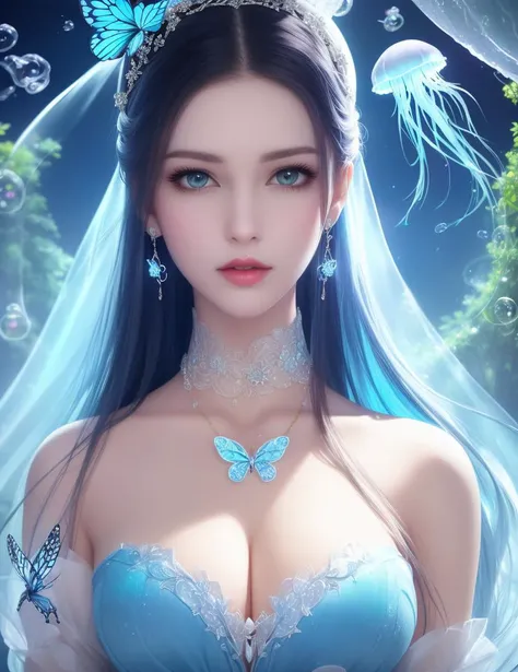ultra realistic 8k cg, picture-perfect face, flawless, clean, masterpiece, professional artwork, famous artwork, cinematic lighting, cinematic bloom, perfect face, beautiful face, fantasy, dreamlike, unreal, science fiction, huge breasts, beautiful clothes, lace, lace trim, lace-trimmed legwear,  (rich:1.4), prestige, luxury, jewelry, diamond, gold, pearl, gem, sapphire, ruby, emerald, intricate detail, delicate pattern, charming, alluring, seductive, erotic, enchanting, hair ornament, necklace, earrings, bracelet, armlet,halo
((,1girl, pov,))(((butterfly, bug, 1girl, blue_butterfly, bubble, fish, white_butterfly, long_hair, glowing_butterfly, crystal, animal, dress, air_bubble, solo, jellyfish, blue_theme )))    <lora:DA_LuXueQi:0.6>