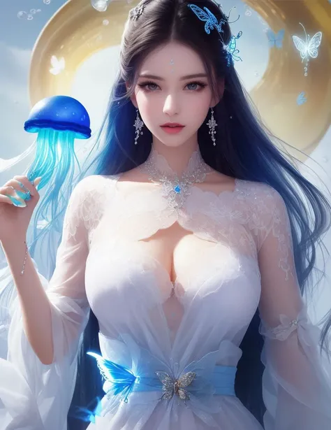 ultra realistic 8k cg, picture-perfect face, flawless, clean, masterpiece, professional artwork, famous artwork, cinematic lighting, cinematic bloom, perfect face, beautiful face, fantasy, dreamlike, unreal, science fiction, huge breasts, beautiful clothes, lace, lace trim, lace-trimmed legwear, (rich:1.4), prestige, luxury, jewelry, diamond, gold, pearl, gem, sapphire, ruby, emerald, intricate detail, delicate pattern, charming, alluring, seductive, erotic, enchanting, hair ornament, necklace, earrings, bracelet, armlet,halo
((,1girl, pov,))(((butterfly, bug, 1girl, blue_butterfly, bubble, fish, white_butterfly, long_hair, glowing_butterfly, crystal, animal, dress, air_bubble, solo, jellyfish, blue_theme ))) <lora:DA_LuXueQi:0.6>