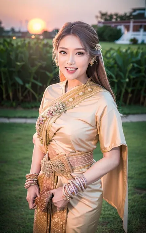 (best quality:1.4), (ultra highres:1.2), (photorealistic:1.4), (8k, RAW photo:1.2),(portrait shot:1.4), 1girl, smile, (light ash brown hair:1.2),( thai tradition dress:1.4), (in wedding party garden:1.6),(sun set:1.7),(rim light:1.4),<lora:koreanDollLikeness_v10:0.5> , <lora:thailandTradition_thailandDress:0.8>