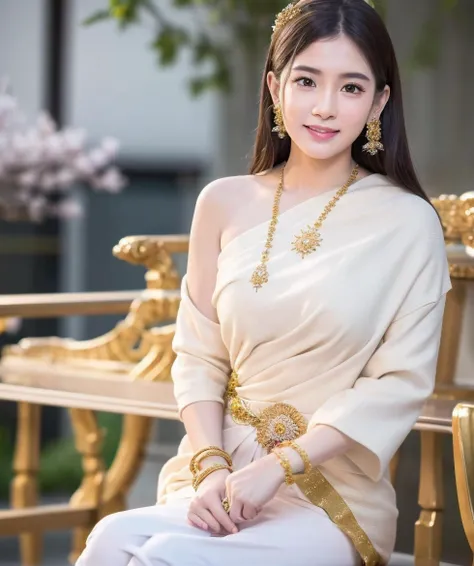 HDR,8k resolution, (realistic, photo-realistic), ultra-detailed,(front lighting), closed up portrait photo, physically-based rendering, 1girl, (25 yo) , (highly detailed skin:1.3) ,((solo)), (white thai tradition dress) , (tradition shawl), ((gold dress)),(golden jewelry),(blue thai tradition pant),(scattered sakura petals:1.2),(detailed clothes features),