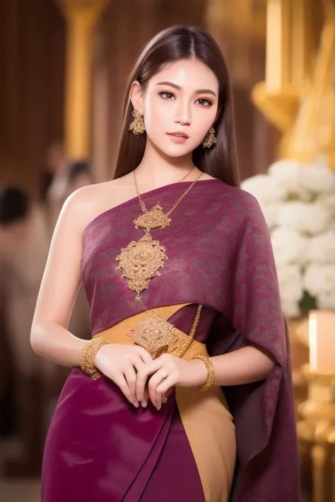 (RAW photo:1.2), (photorealistic:1.4),(masterpiece:1.3),(best quality:1.4),ultra high res,(detailed eyes),(detailed facial features),(detailed clothes features),HDR,8k resolution, solo focus,thai tradition dress,tradition shawl ,headband golden jewelry,1 girl ,facing to viewer,full body, <lora:thailandTradition_thailandDress:1>,depth of field,cinematic light,