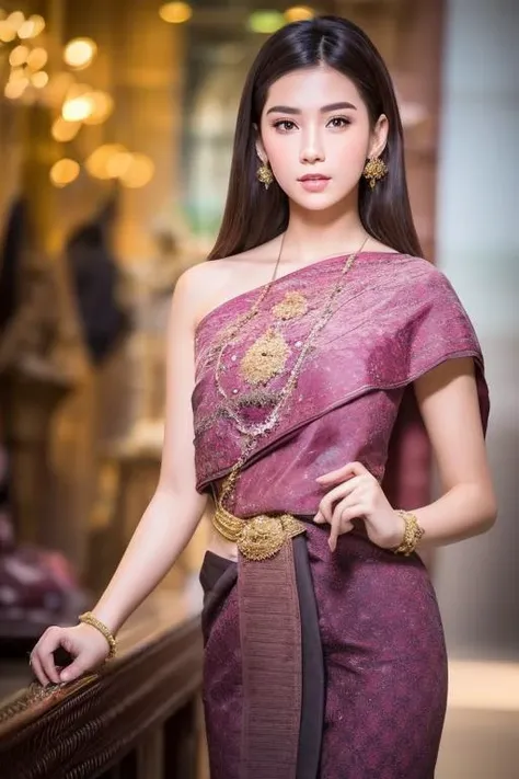 (RAW photo:1.2), (photorealistic:1.4),(masterpiece:1.3),(best quality:1.4),ultra high res,(detailed eyes),(detailed facial features),(detailed clothes features),HDR,8k resolution, solo focus,thai tradition dress,tradition shawl ,golden jewelry,1 girl ,facing to viewer,full body, <lora:thailandTradition_thailandDress:1>,depth of field,cinematic light,(adorable girl with rim lighting :1.2), (((perfect body shape ))),,21 year old ,(Eurasian face),(pale skin),(gorgeous short hair:1.1),(dark hair:1.11)
