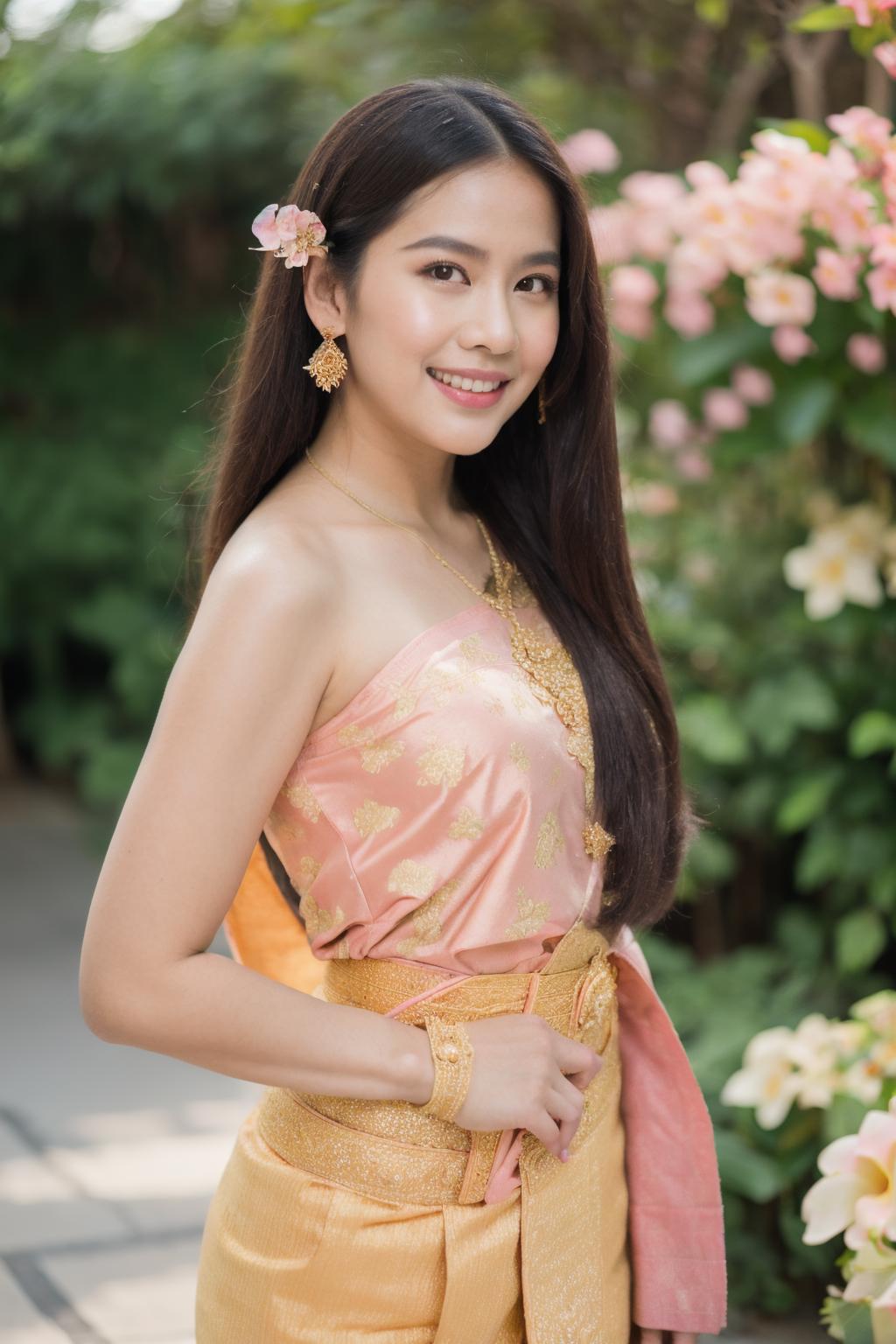 A woman in a pink and gold dress standing in front of flowers - SeaArt AI