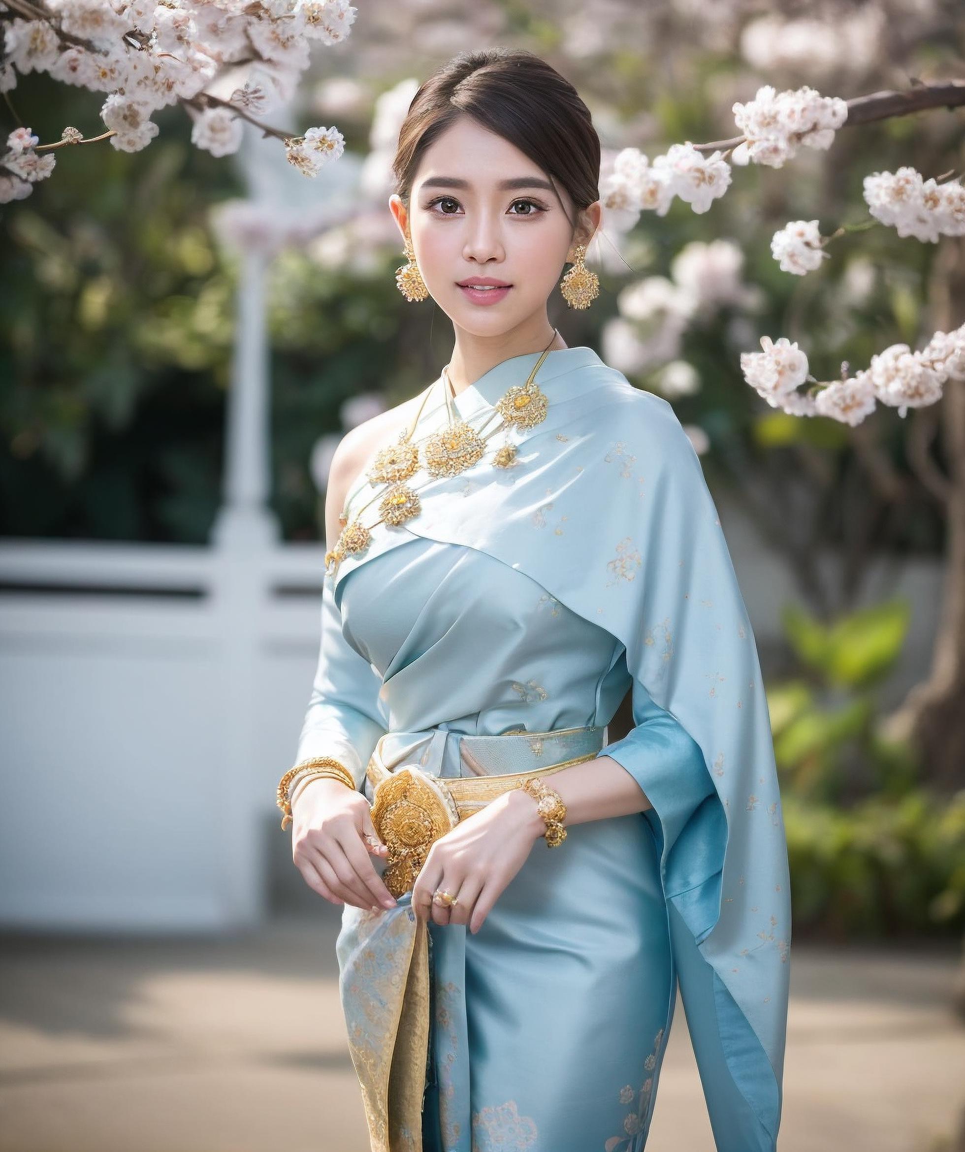 A woman in a blue dress and gold jewelry standing under a tree - SeaArt AI