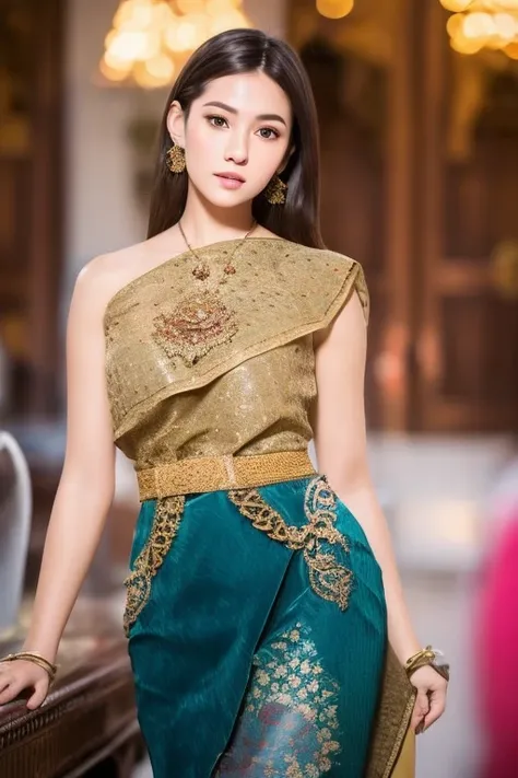 (RAW photo:1.2), (photorealistic:1.4),(masterpiece:1.3),(best quality:1.4),ultra high res,(detailed eyes),(detailed facial features),(detailed clothes features),HDR,8k resolution, solo focus,thai tradition dress,tradition shawl ,golden jewelry,1 girl ,facing to viewer,full body, <lora:thailandTradition_thailandDress:1>,depth of field,cinematic light,(adorable girl with rim lighting :1.2), (((perfect body shape ))),,21 year old ,(Eurasian face),(pale skin),(gorgeous short hair:1.1),(dark hair:1.11)