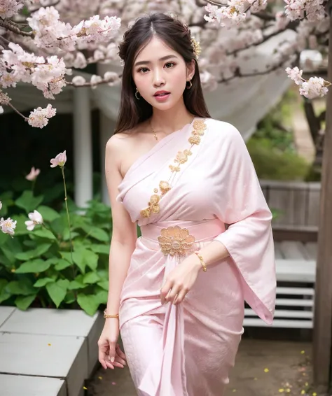 (RAW photo, best quality,high quality,highres), (realistic, photo-realistic), ultra-detailed,(front lighting), closed up portrait photo, physically-based rendering, 1girl, (25 yo) , (highly detailed skin:1.3) ,((solo)), (white thai tradition dress),(tradition shawl), ((pink dress)), (walking in garden),(golden jewelry),(blue thai tradition pant),(scattered sakura petals:1.331)